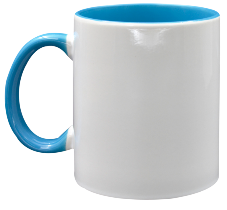 Taza de cerámica 11oz. Blanca. Interior y asa color azul claro